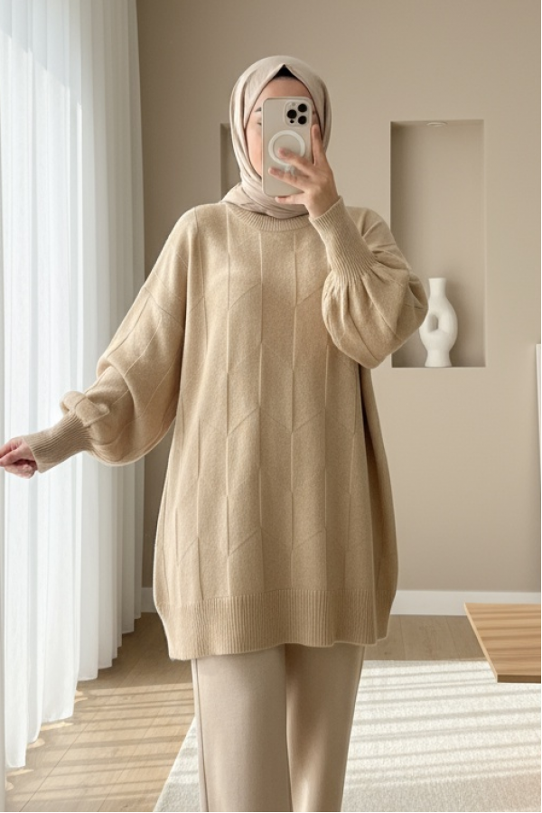 Round Neck Loose Patterned Knitwear Sweater -Light Mink