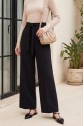Double Fabric Waist Belted Wide Leg Trousers -Black