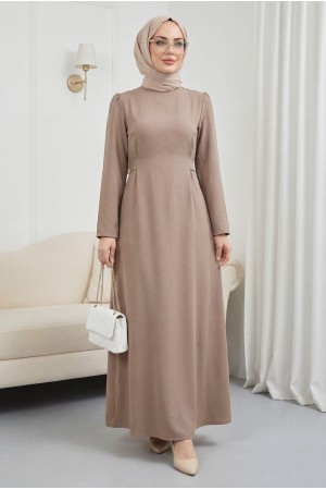 Hakim Yaka Belden Bağlamalı Elbise   -Tarçın