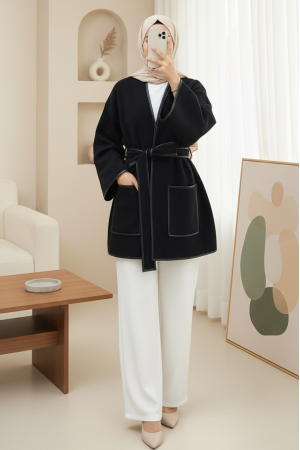 Biye Detaylı Çift Cepli Kuşaklı Kaşe Kimono -Siyah