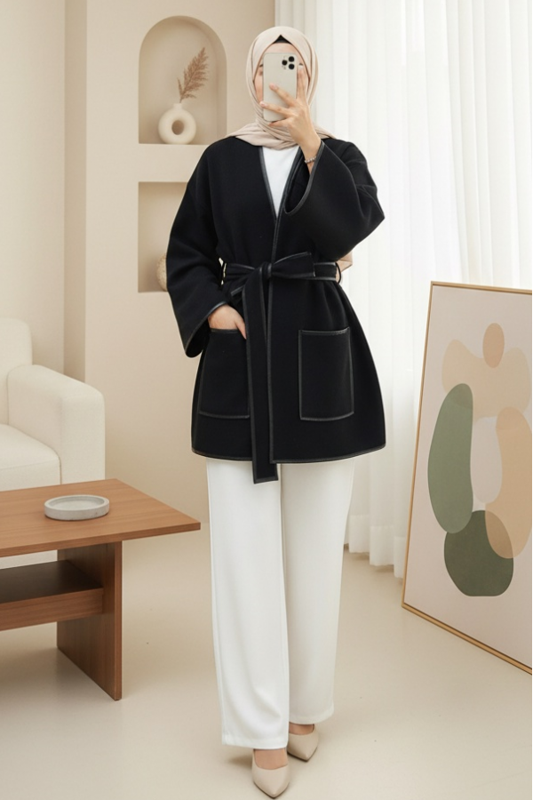 Biye Detaylı Çift Cepli Kuşaklı Kaşe Kimono -Siyah
