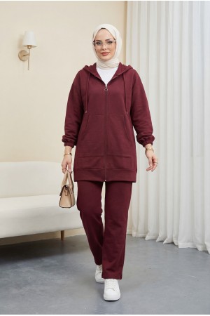 Fermuarlı Kapşonlu Penye Takım      -Bordo
