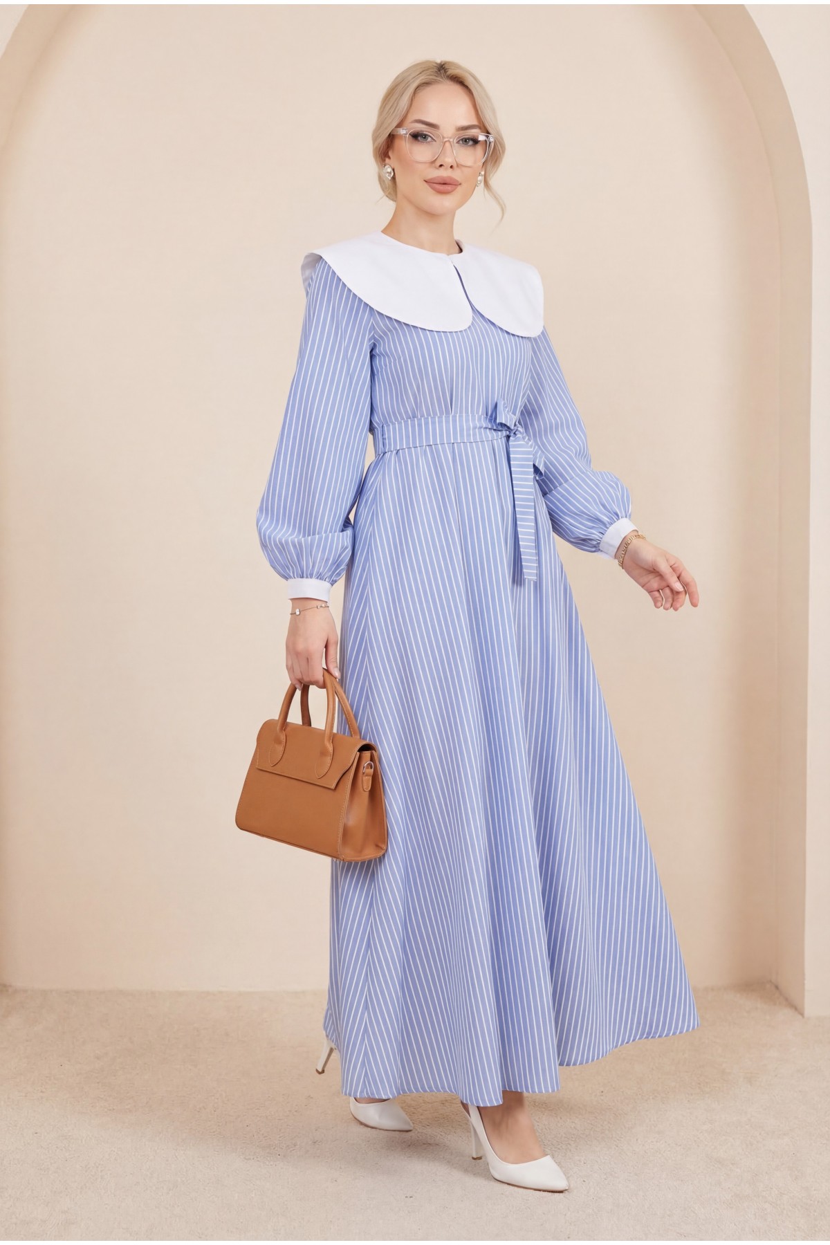 Baby Collar Striped Long Dress with Elastic Waist  -Blue
