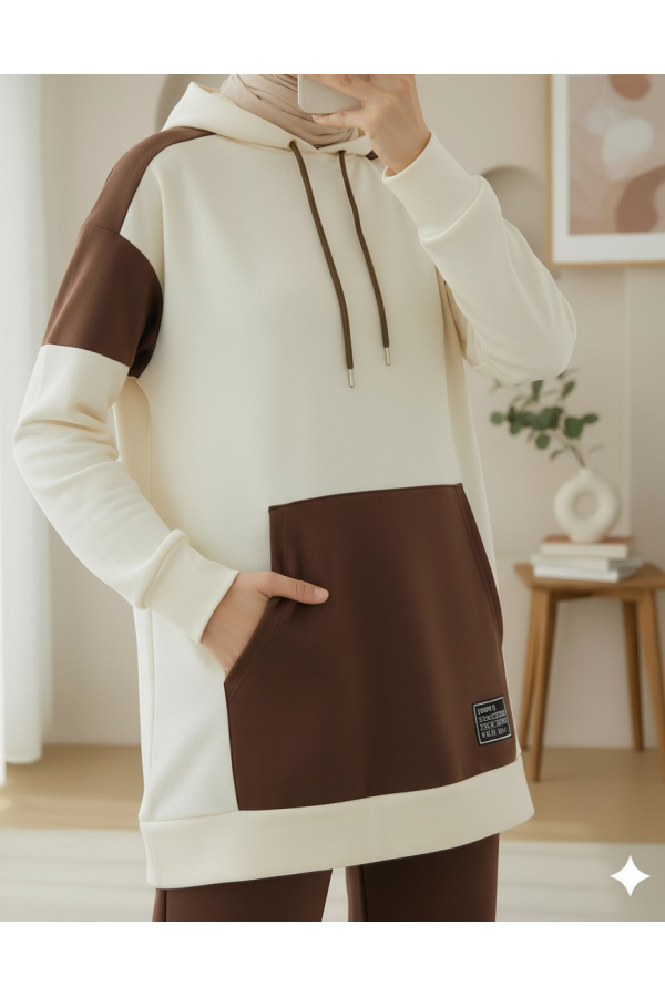 Kangaroo Pocket Two-Tone Suit - Beige