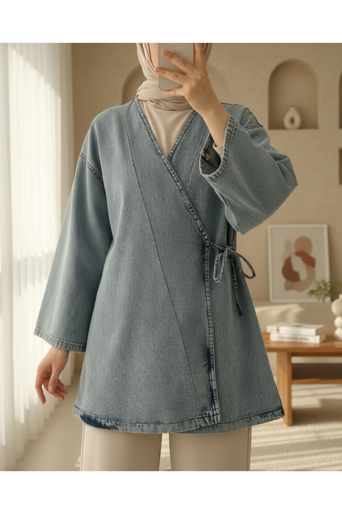 Side Tie Denim Kimono -Light blue