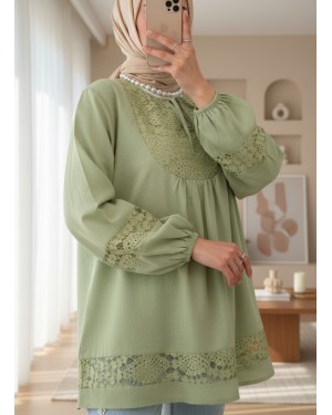 Dantel Detaylı Yakası Bağlamalı Kolu Lastikli Gömlek  -Çağla Y.