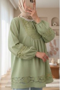 Dantel Detaylı Yakası Bağlamalı Kolu Lastikli Gömlek  -Çağla Y.