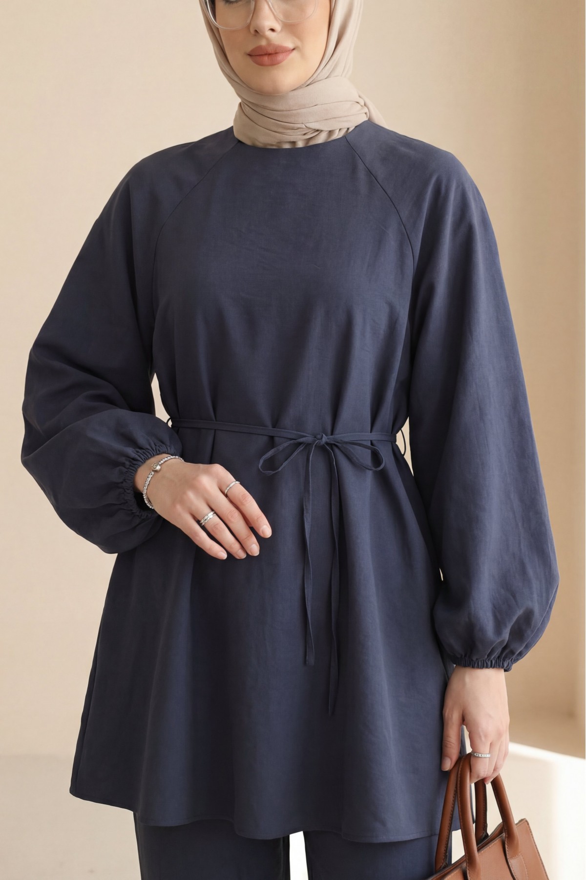 Round Neck Tied Waist Balloon Sleeve Tunic  -parliament