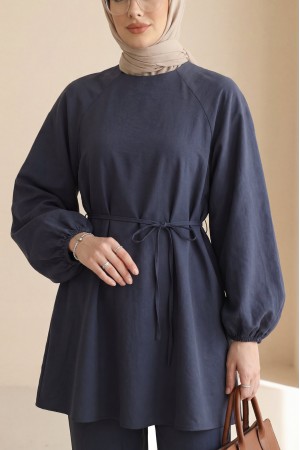 Yuvarlak Yaka Beli Bağcıklı Balon Kol Tunik  -Parlement