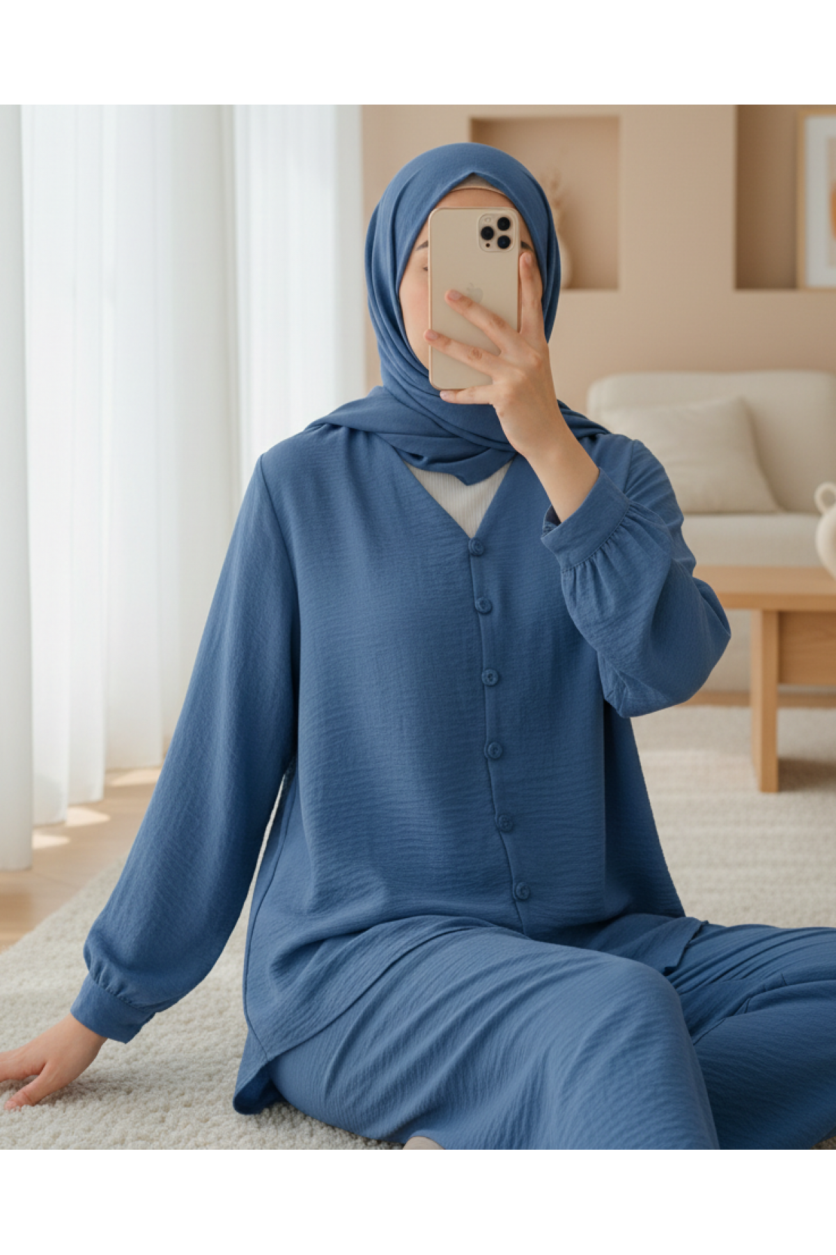 Ayrobin Suit with V-Neck Buttoned Trousers -İndigo