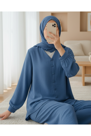 Ayrobin Suit with V-Neck Buttoned Trousers -İndigo