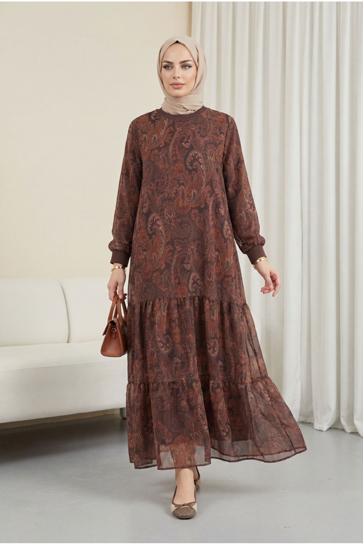 Ethnic Pattern Skirt Piece Lined Chiffon Dress  -Damson