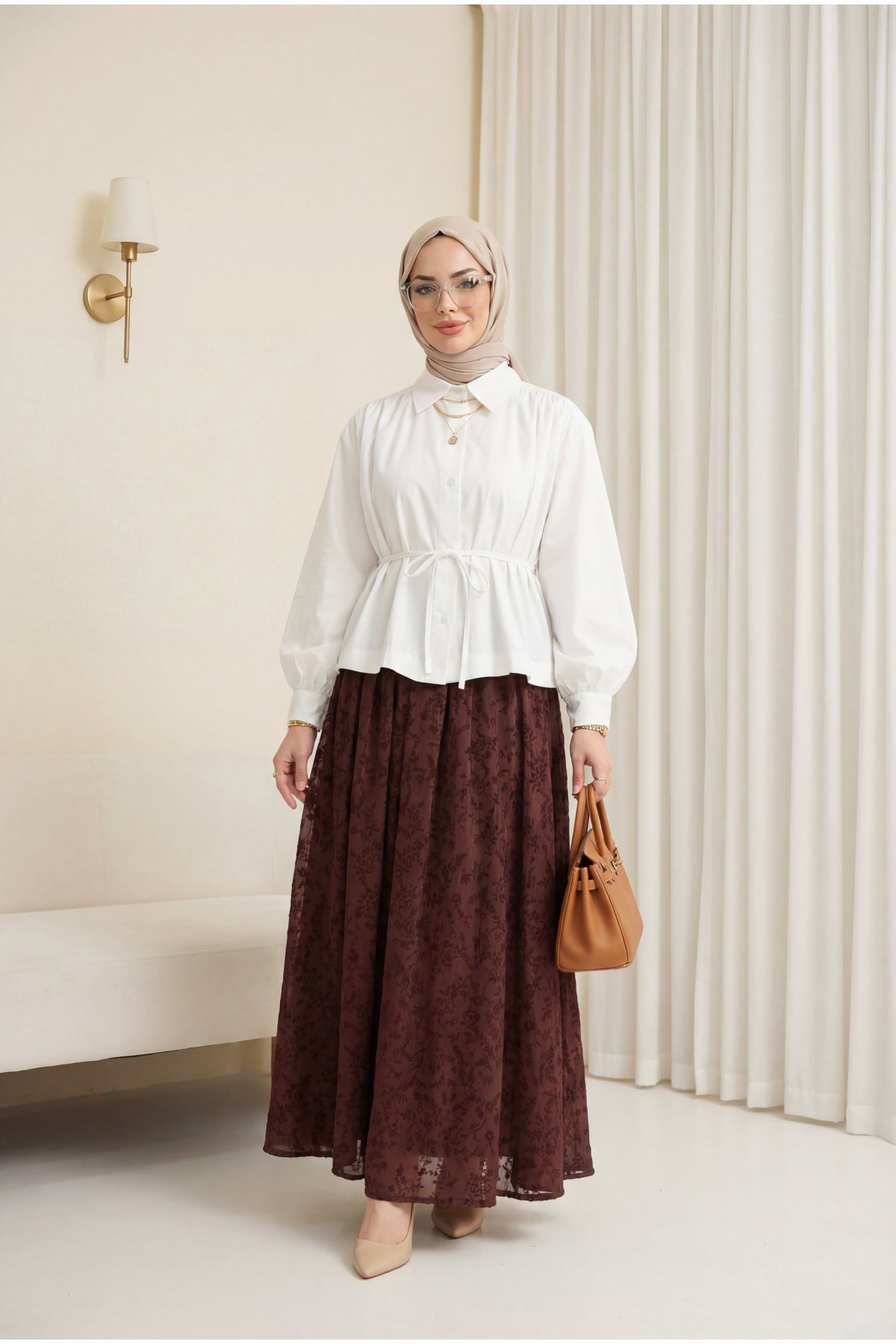 Shirt Blouse with Gathered Shoulders and Lace-up Detail -White