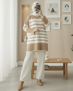 Bisiklet Yaka Salaş Triko Tunik -Vizon