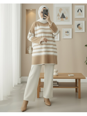 Crew Neck Loose Knitwear Tunic -Mink color