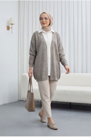 Ajurlu Dalga Desenli Triko Hırka   -Açık Kahve