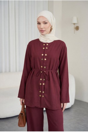 Modal Suit with Double Snap Button Detail, Round Neck, Wide Leg Trousers -Maroon