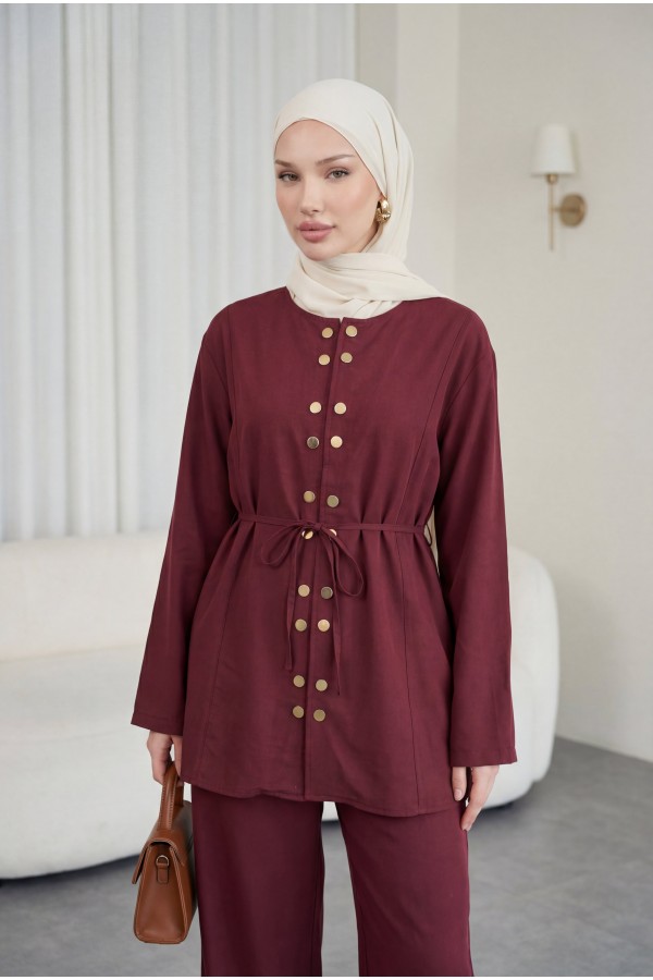 Modal Suit with Double Snap Button Detail, Round Neck, Wide Leg Trousers -Maroon