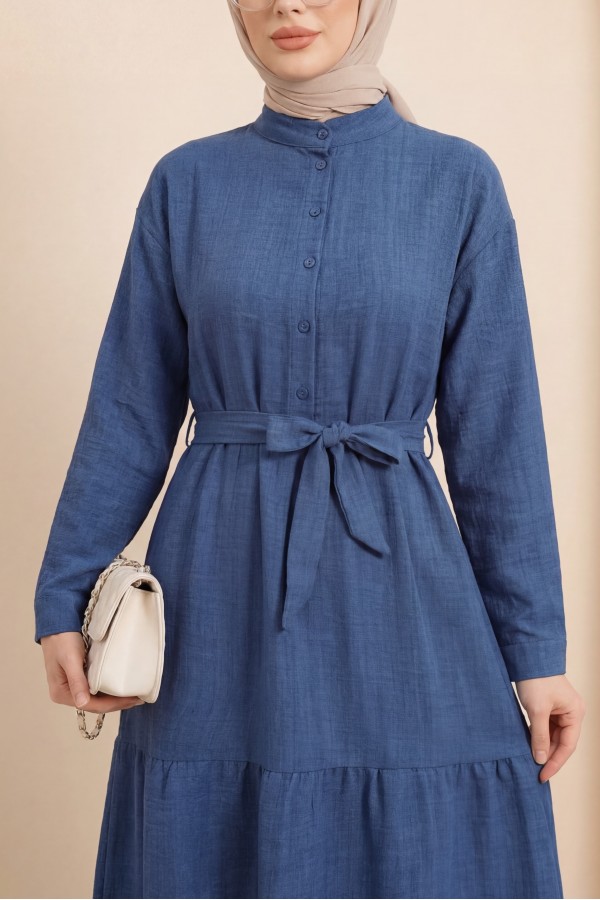Half Buttoned Stand Collar Tied Waist Linen Dress -İndigo