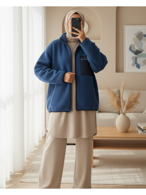 55446 Fermuarlı Oversize Peluş Ceket - Saks