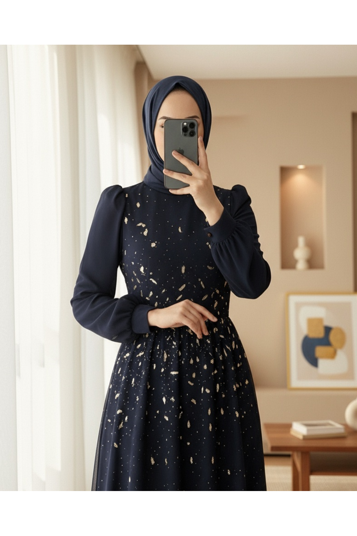 Tulle Evening Dress with Stone Detail on the Front and Lining -Navy blue