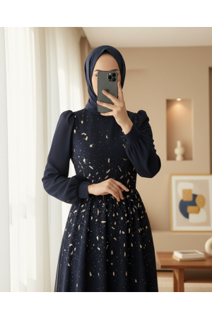 Önü Taş Detaylı Astarlı Tül Abiye -Laci