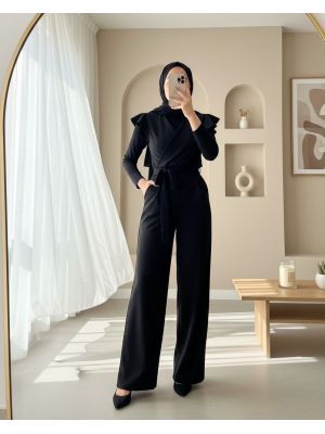 Fermuar Detaylı Fırfırlı Tulum -Siyah