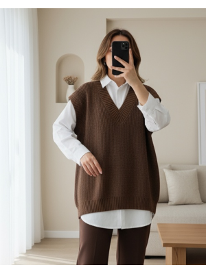 V-neck Solid Brass Knitted Long Sweater with Ribbing -Dark Coffee