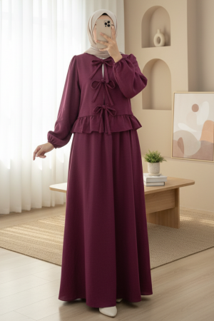 Önü Bağcıklı Kolu Lastikli Etekli Takım -Bordo