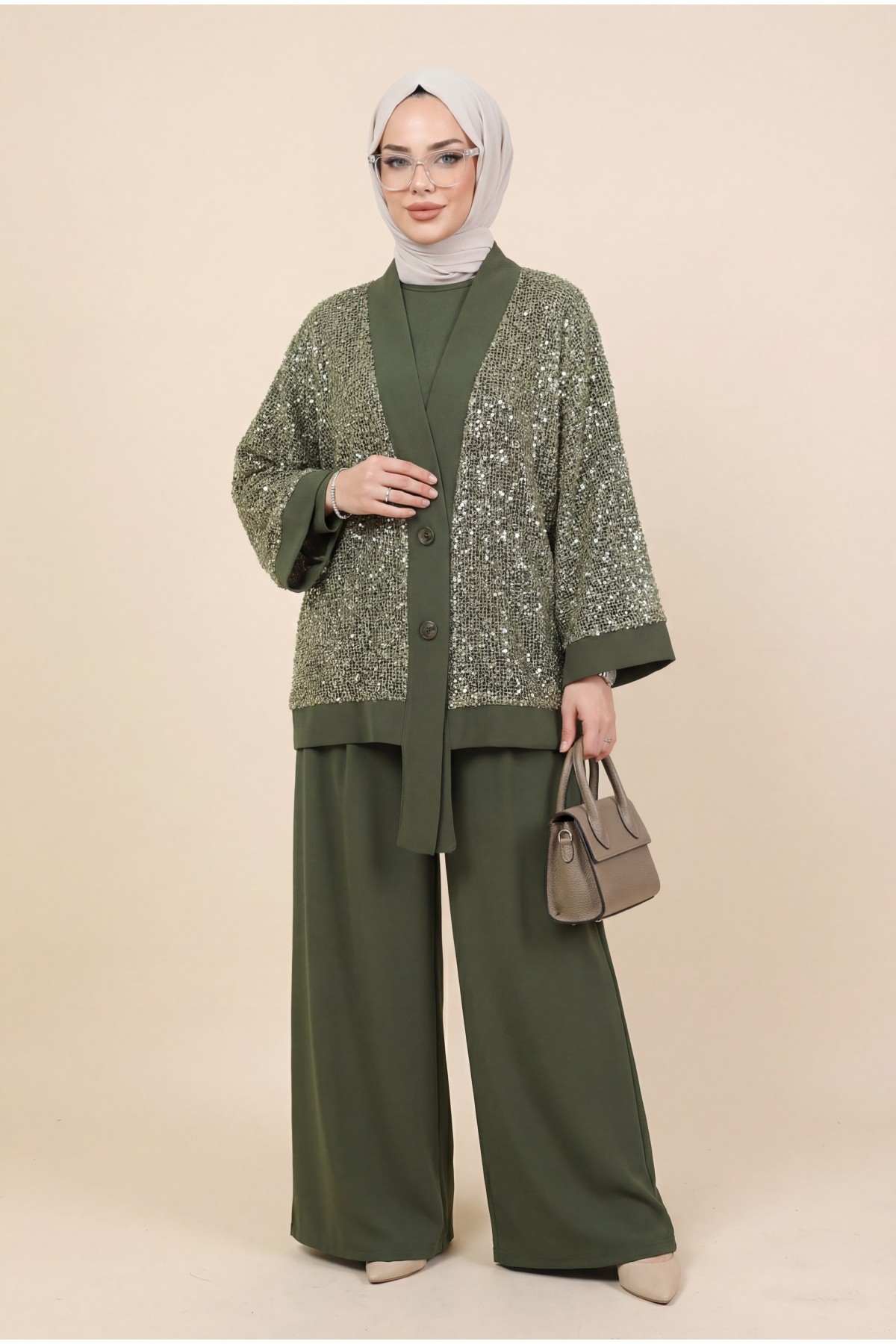 Sendy 3-Piece Set with Sequined Mesh Cardigan -Khaki