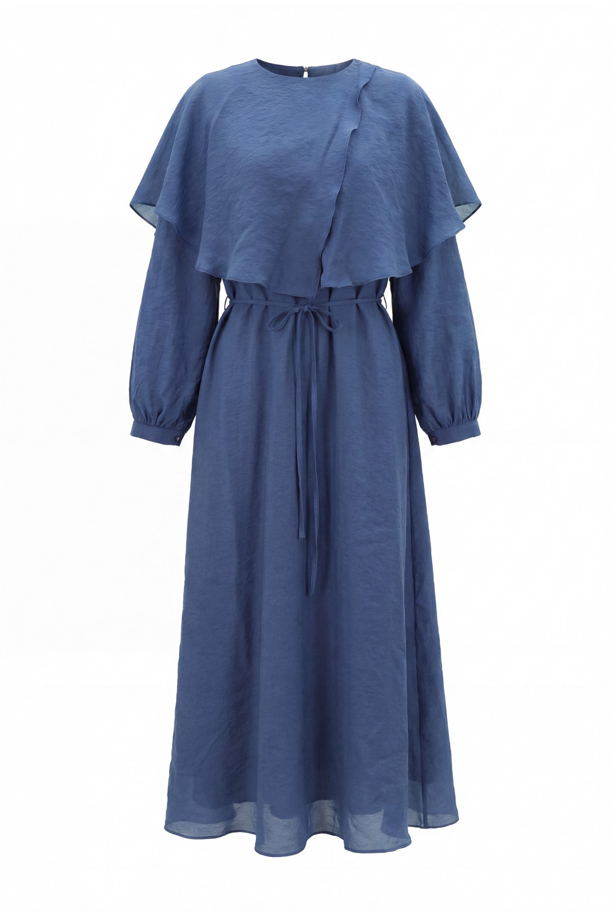 Lined Tulle Modal Dress with Cape Detail Neckline and Belt -İndigo