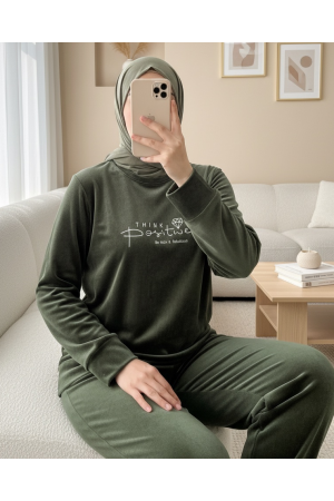 Kabartma Yazılı Fransız Kadife Pijama Takımı -Haki