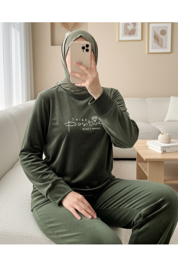 Kabartma Yazılı Fransız Kadife Pijama Takımı -Haki