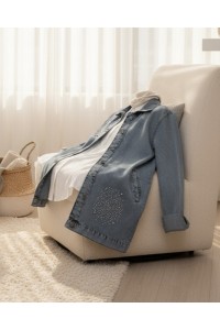 Önü Taş Detaylı Çift Cepli Kot Ceket   -Buz Mavi