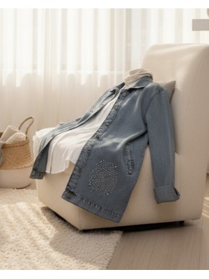 Önü Taş Detaylı Çift Cepli Kot Ceket   -Buz Mavi