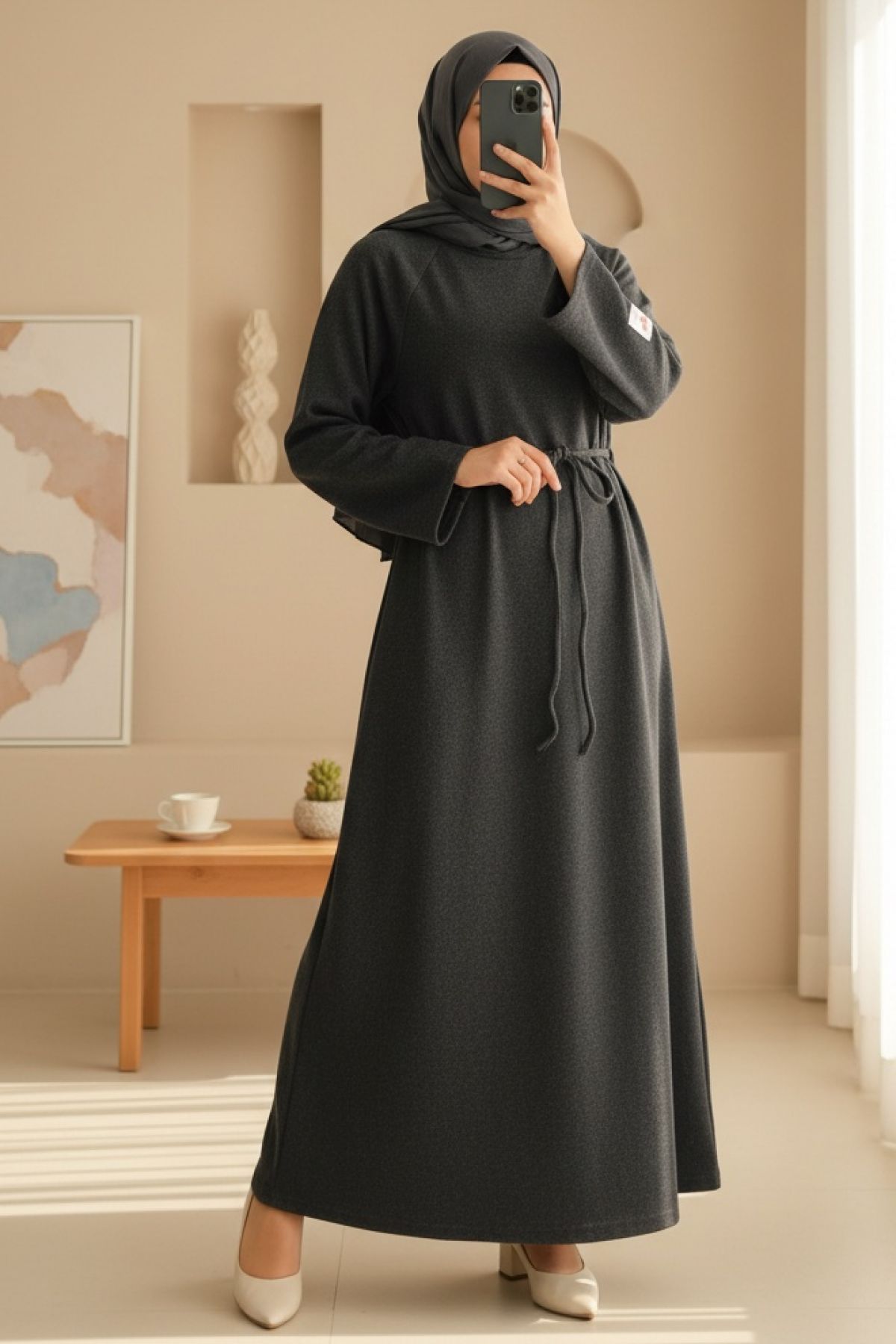 Round Neck Selanik Dress with Tie Waist -Anthracite
