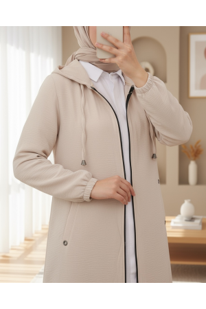 Kapşonlu Cepli Ayrobin Kap -Krem