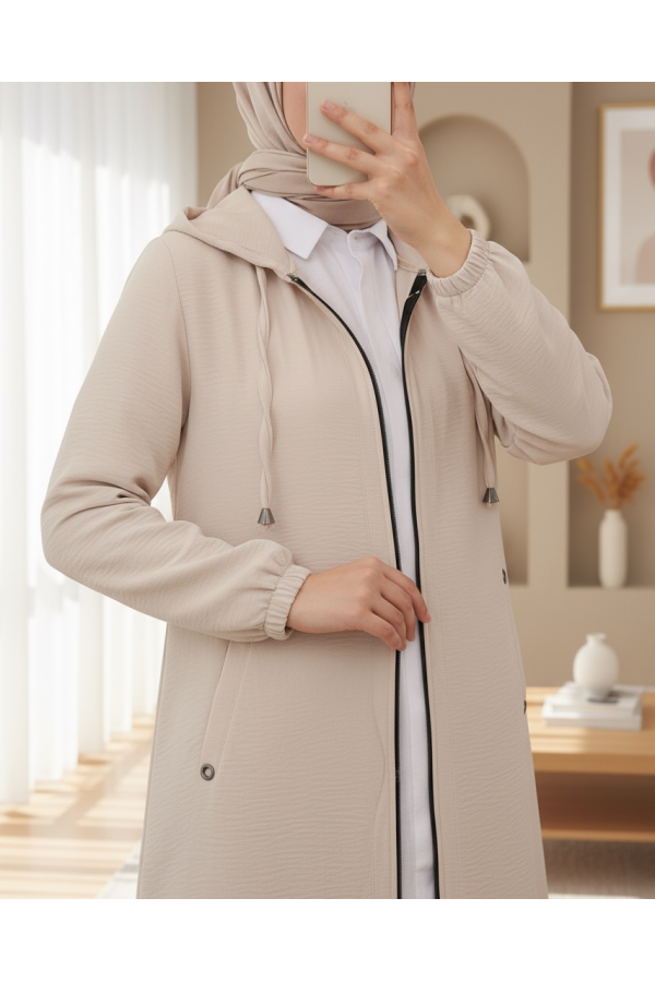 Hooded Ayrobin Cape With Pocket -Cream color