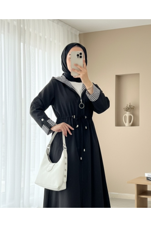 Belden Sıkmalı Kapitone Astarlı Kapşonlu Trençkot -Siyah