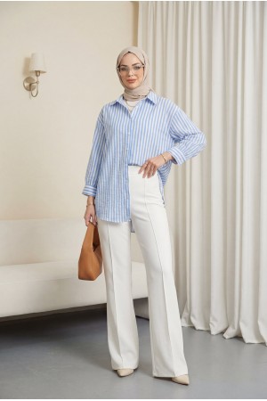Boydan Düğmeli Çizgili Keten Gömlek -Mavi