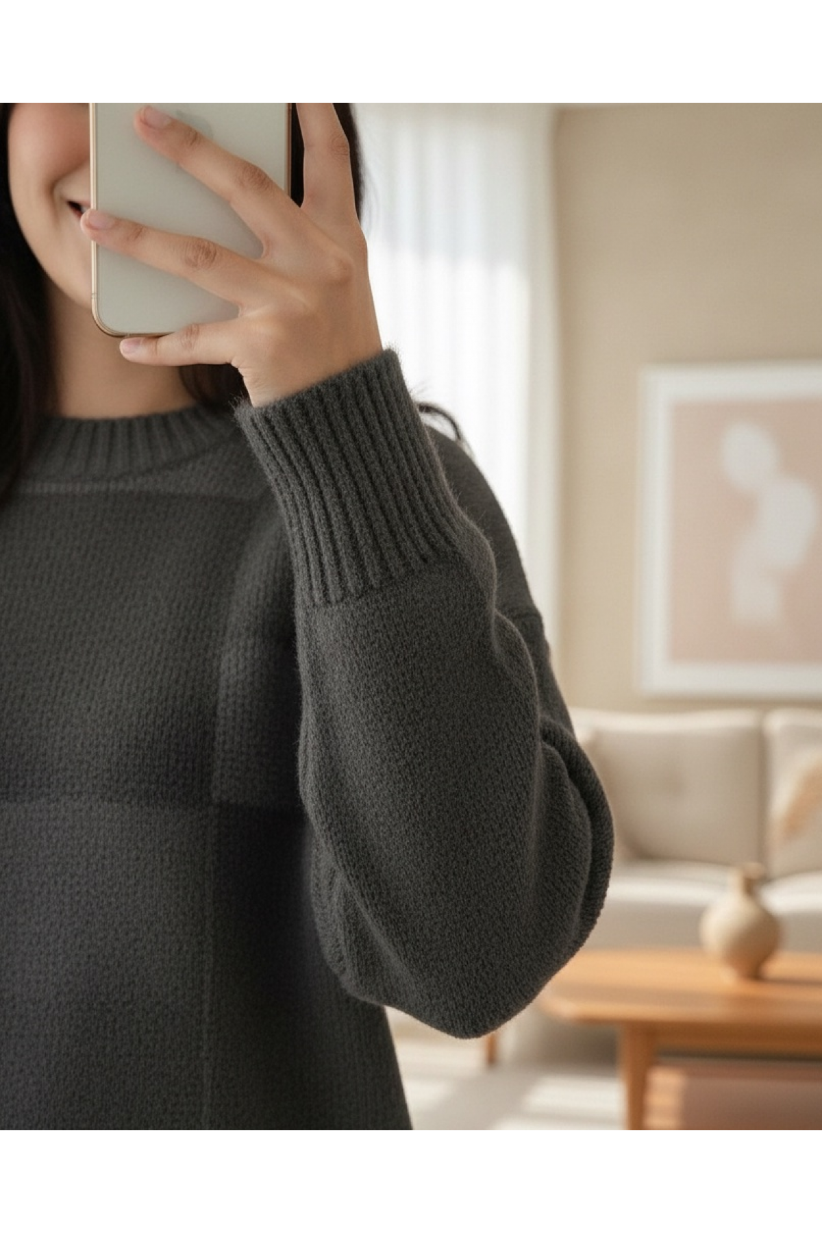 Square Patterned Round Neck Soft Sweater -Smoked 