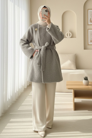 İçi Astarlı Tek Düğmeli Kemerli Sakallı Kap -Taş