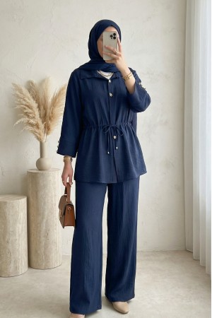 Tünel Bağcıklı Beli Lastikli Pantolonlu Pamuklu Krinkıl Takım -Laci