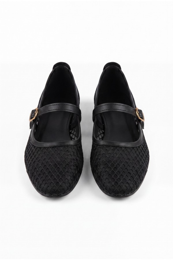 Junay Black Leather Mesh Ballet Flats