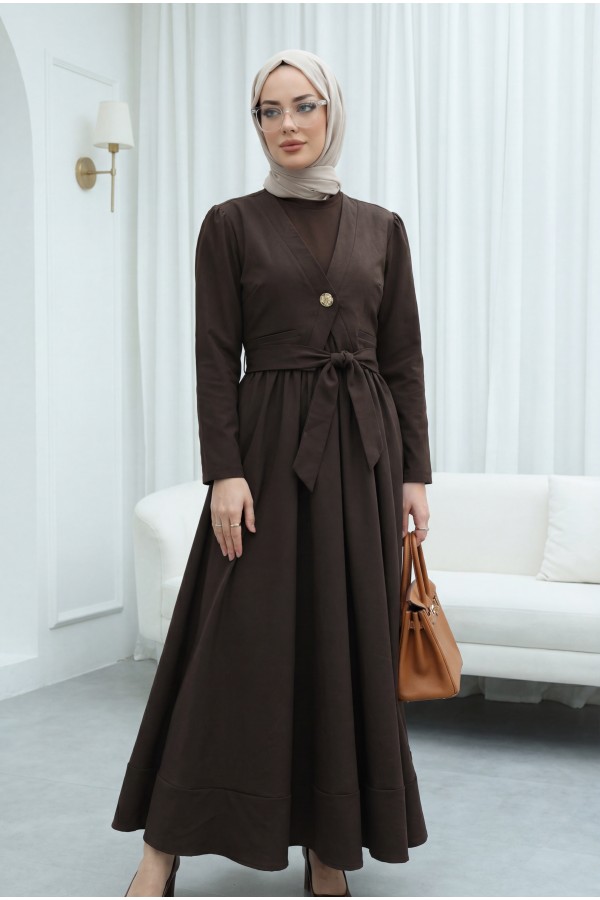 Cupra Dress with Elastic Waistband and Vest Detail -Brown