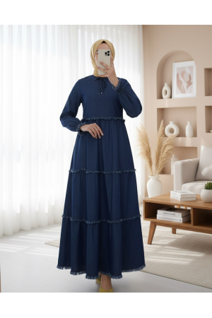Üç Parça Yıkamalı Kot Elbise -İndigo