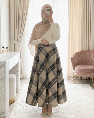 Ekose Desenli Yanı Fermuarlı  Kaşe Çan Etek -Vizon