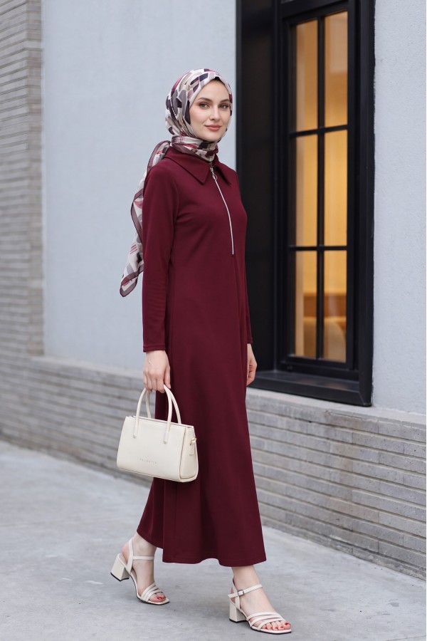 Yarım Fermuarlı Gömlek Yaka Uzun Oyşo Elbise -Bordo