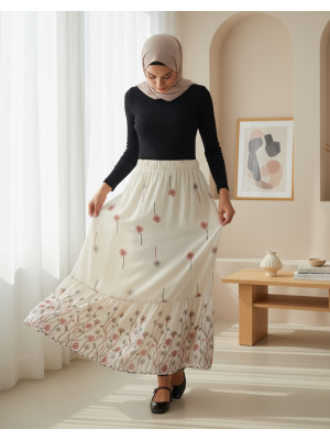 Kadın Ekru Desenli Şifon Etek 8010