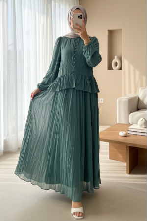 Yakası Fırfırlı Düğmeli Şifon Kraş Etekli Takım -Mint